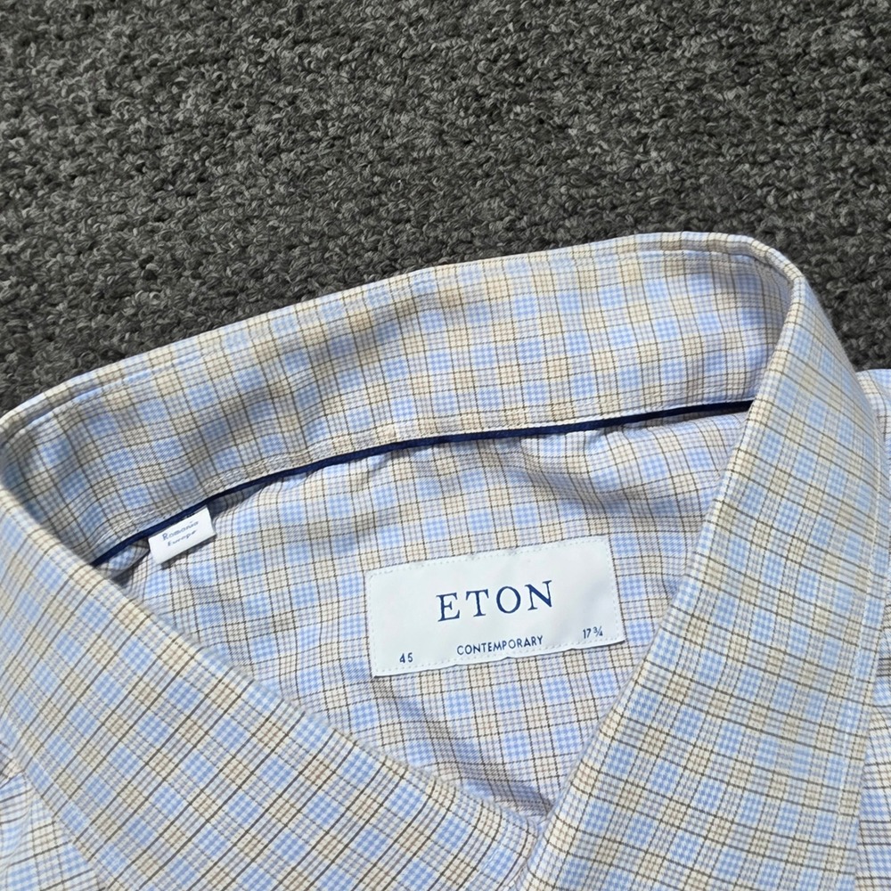 Eton Dress Shirt Blue Tan Micro Check Mens 17.5 Contemporary Fit Long Sleeve - Picture 6 of 8